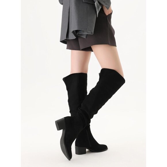 Women's Black Suede Over The Knee Thigh High Chunky Block Heel Pointed Toe Boots - Picture 6 of 7